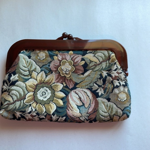 VTG Cottagecore Clutch Woven Jacquard Tapestry Purse Floral Mauve Bag Kiss 90s - Picture 2 of 14